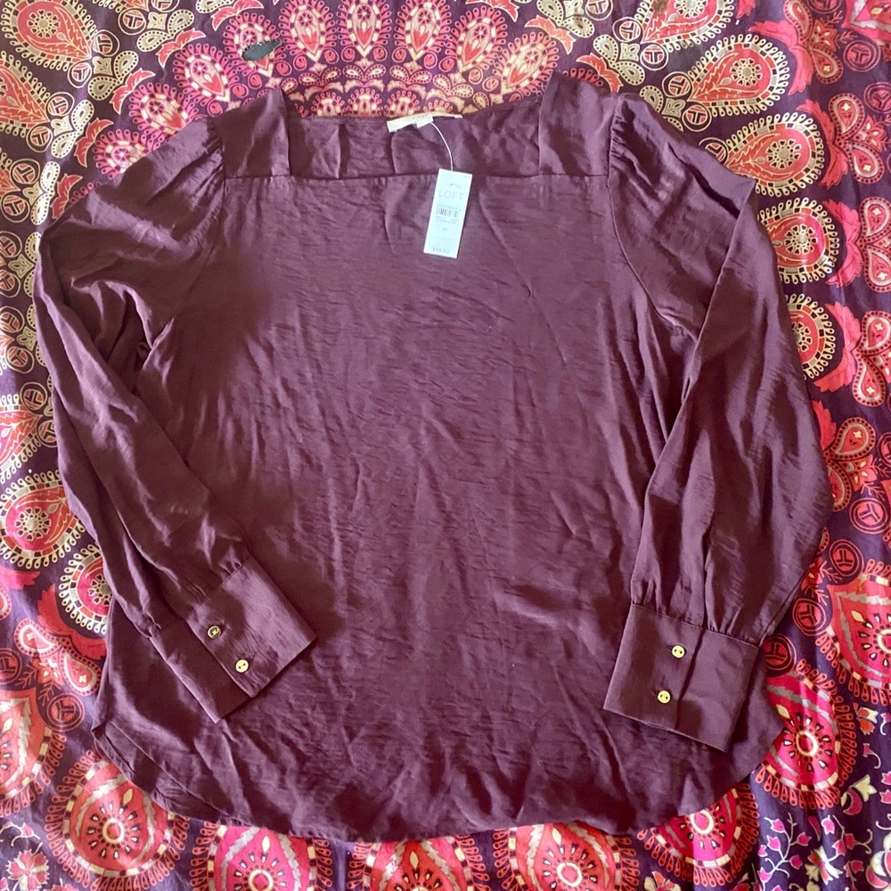 NWT LOFT Square Neck Lightweight Blouse New Shirt Maroon Purple Pink Longsleeve